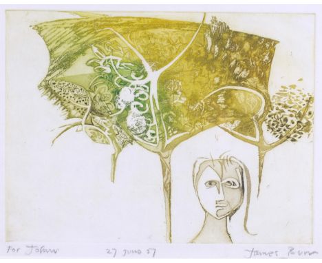 James Burr (born 1926), surrealist, 1957, etching and aquatint, plate 24cm x 32cm, framedGood condition