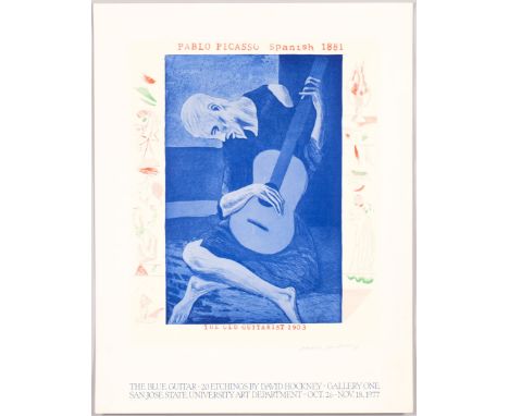 David Hockney, exhibition poster print, The Blue Guitar, 20 etchings by David Hockney Gallery One 1977, sheet 57cm x 45cm, un