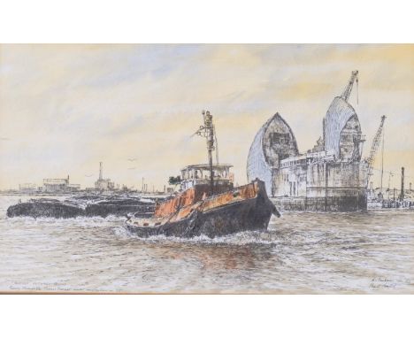 A N Blackman, Thames barge, hand coloured etching, 26cm x 42cm, and William Monk, etching, Tower Of London, framed (2)
