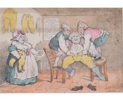 Thomas Rowlandson (1756-1827) after John Nixon, hand-coloured etching on paper, Elastic Breeches (1784), signed in the plate,