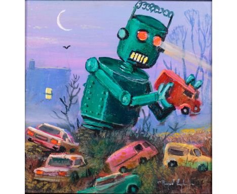 Raymond Campbell (born 1956), Hungry Robot At The Scrapyard, oil on board, 9.5cm x 9.5cm, framedPerfect condition