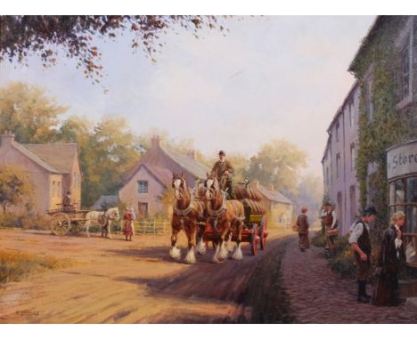 R Moseley, village street scene, oil on canvas, 50cm x 75cm, framedVery good condition