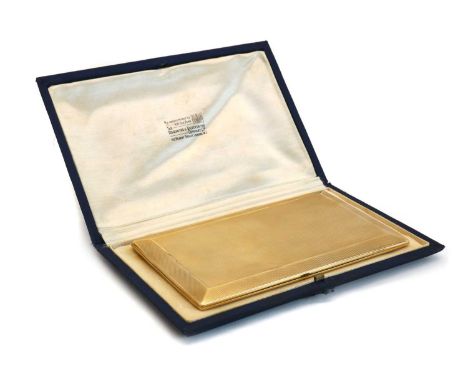 A 9ct gold cigarette case,by Goldsmiths &amp; Silversmiths Co Ltd, London 1934, with engine turned decoration and sliding mec