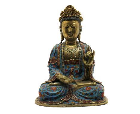 A Chinese cloisonné guanyin,20th century, seated wearing elaborate jewellery and a long robe decorated with scrolling florets