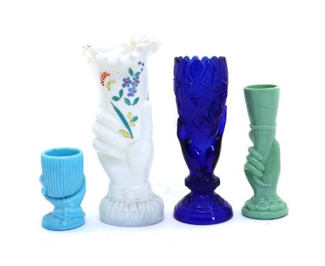 A collection of Victorian moulded glass novelty 'hand' vases,some with crenelated rims and hand painted decoration, of clear,
