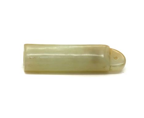 A Chinese jade lingguan,20th century, D shaped, hollowed to one end, the stone of greyish white colour with russet inclusions