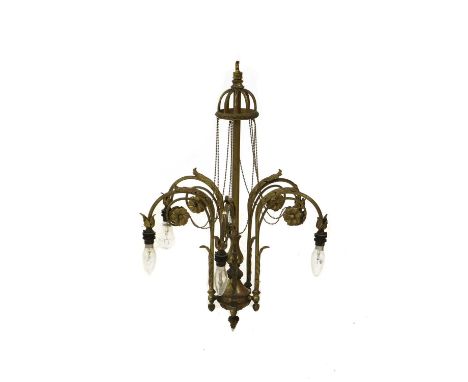 A brass five branch centre light,late 19th century, with scrolling downswept leaf capped arms and beaded chains49cm wide71cm 