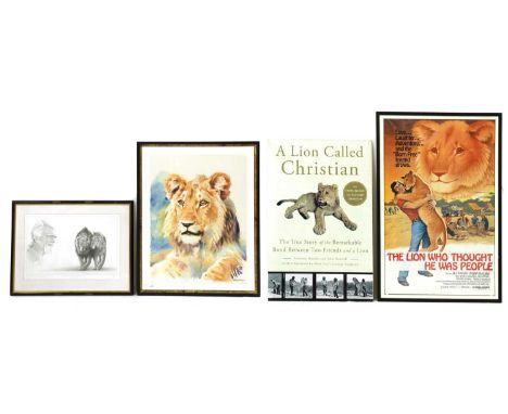 After Gary Hodges'George Adamson with Boy and Christian',signed limited edition print, 387/850,38 x 57cm,together with a stud