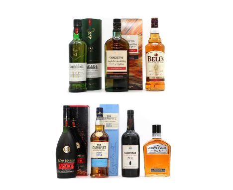 An assortment of spirits and port,to include Glenfiddich, Single Malt Scotch Whisky, 12 years old, 40%, 70 cl (1, presentatio