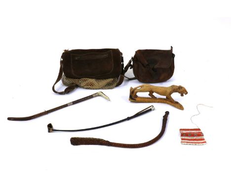 A silver-mounted ladies' hunting crop by Swaine & Adeney,London 1948,47cm longtogether with a suede leather game bag, a leath