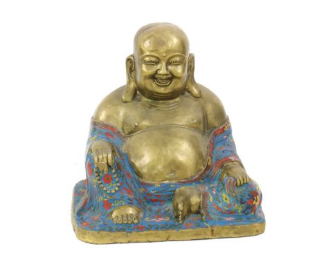 A Chinese cloisonné Budai,20th century, seated wearing a loose robe exposing his bare belly, holding a sack in his left hand 