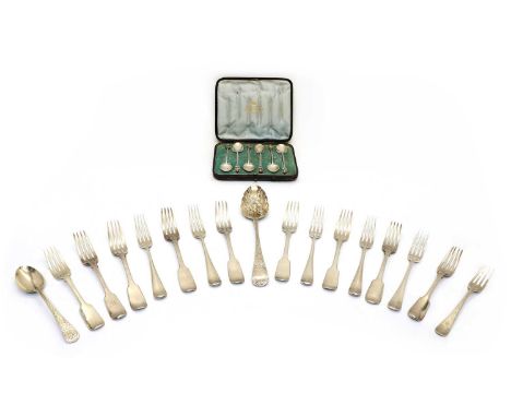A collection of George IV and later silver flatwarecomprising a set of five Fiddle pattern forks, by Henry Holland, London 19