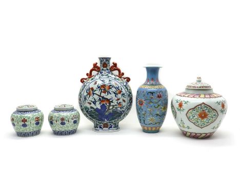 A collection of Chinese porcelain,comprising a famille rose vase, of tapering form with a flared mouth, painted with scrollin