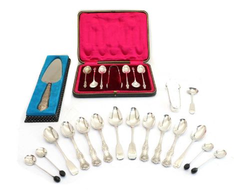 A collection of George III and later silver flatware,to include a pair of similar teaspoons, London 1821 and 1831, a set of s
