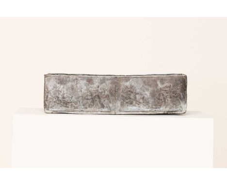 A lead planter trough,18th century, with neo-classical hunting scenes on four ball feet,73cm wide24cm deep19.5cm highConditio