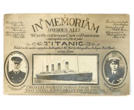 A Titanic 'In Memoriam' commemorative postcard,from the Cornish Riviera Series, inscribed 'R.I.P In Memoriam, Heroes All, To 