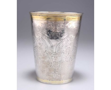 A LARGE 18TH CENTURY RUSSIAN PARCEL-GILT SILVER BEAKER  unidentified assay master, Moscow 17(?)8, of tapering form, with gilt