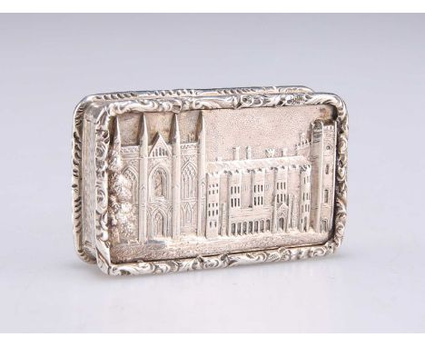 A WILLIAM IV SILVER CASTLE-TOP VINAIGRETTE by Taylor &amp; Perry, Birmingham 1836, rounded rectangular form, the hinged cover