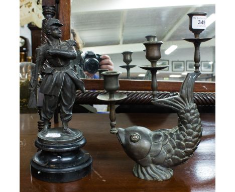 FISH CANDLE STICK + SPELTER FIGURE