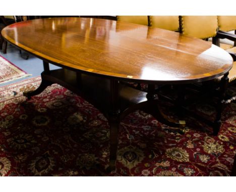 INLAID MAHOGANY OVAL TABLE WITH UNDER SHELF 90" X 45"