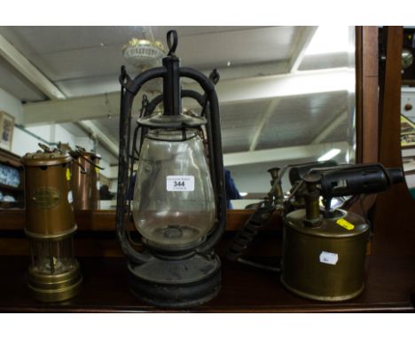 OLD BRASS BLOW TORCH, MINERS LAMP + LANTERN