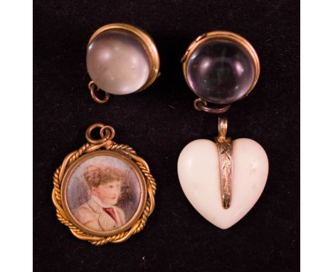2 MEMORIAL PENDANTS, MINIATURE PORTRAIT IN GILDED SURROUND + HEART PENDANT