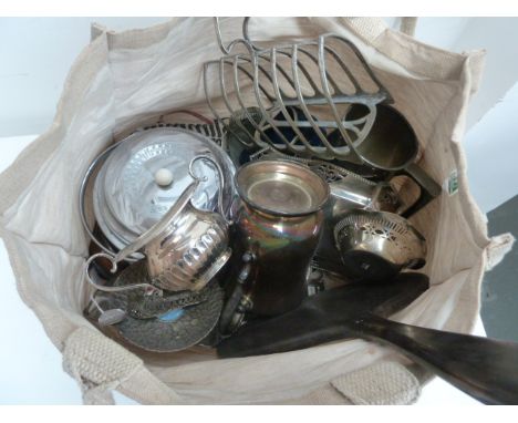 A bag of silver plated items, including, two mugs, a William Hutton & Sons toast rack, with other items