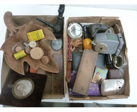 A mixed lot of items, inlcuding three 19th century photographs, a framed piece of lace, a pipe, amongst others