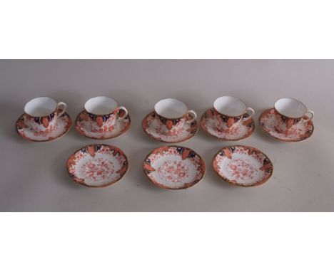 Royal Crown Derby part tea set to include tea cups and saucers of red, blue and gilt design, pattern number 2712 (5)