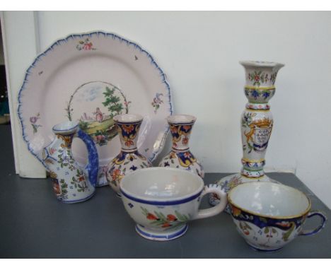 A collection of French Pottery to include Quimper to include a candlestick, two teacups and various poesy vases and trinkets 
