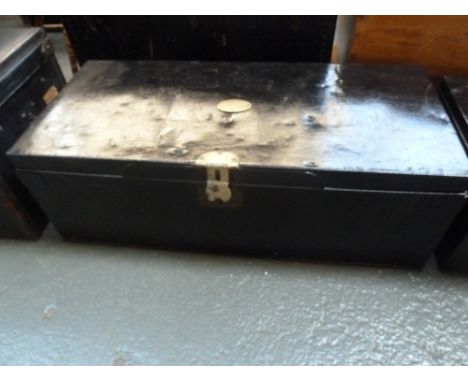 A large 19th century metal trunk bearing label A.Mearns & Co., with brass escutcheon and side handles, 90cmW