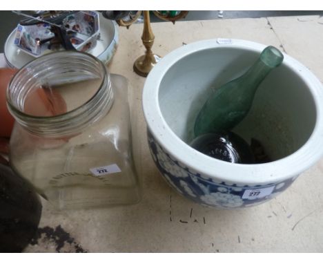 A quantity of glassware to include Blow Butter Churn 4/40 (top missing) a 19th century torpedo green glass soda bottle, a gre