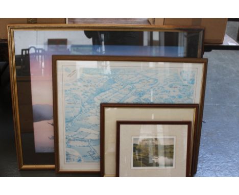 A quantity of prints to include a map of Ambridge, a portrait of a woman in a striped shawl, and a Patrick Oxenham landscape 