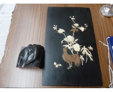 A 20th century Japanese ebonized panel, inset with ivory and mother of pearl, depicting a chicken and bird amongst flowers, 1