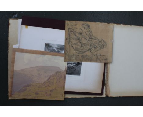A portfolio of pictures and drawings to include a drawing of a Roman Soldier signed en verso G. Batts, two etchings after Joh