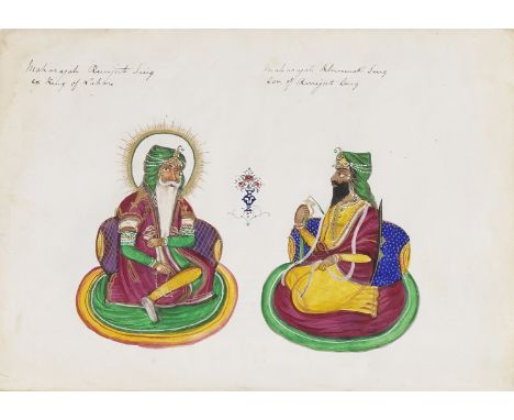 AN ALBUM OF FIFTY-NINE WATERCOLOUR PAINTINGS OF SIKH SUBJECTS, INCLUDING MAHARAJAH RANJIT SINGH, MONUMENTS INCLUDING THE GOLD