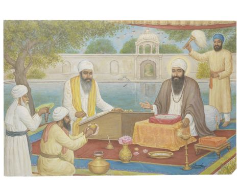 The Compilation of the Guru Granth by Dwarka Dass (India, 20th Century), circa 1950-60oil on board, signed Dwarka/Shri Sharda