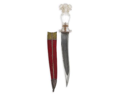 A Mughal rock crystal-hilted steel dagger (khanjar) North India, 18th Centurythe double-edged watered steel blade of curved f