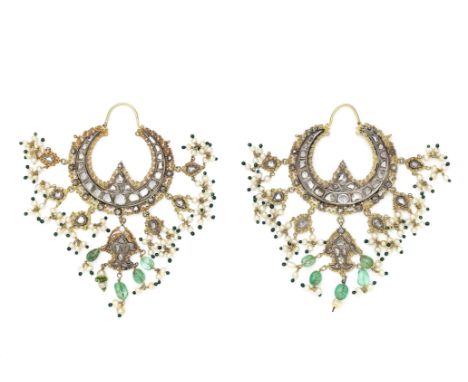 A pair of diamond-set earrings North India, 19th Centuryeach of silver set with diamonds, in the form of a crescent, surmount