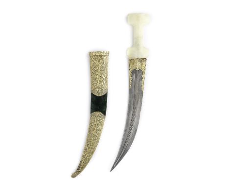 A stone hilted gold-damascened steel dagger (jambiyya) The Balkans, dated AH 1231/ AD 1815-16the double-edged watered steel b