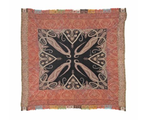 A woven wool shawl Kashmir, circa 1840of square form, woven in polychrome, the black panel with four botehs with a border of 