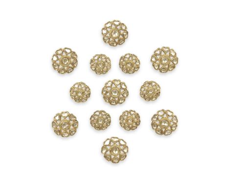 A set of diamond-set enamelled gold buttons North India, 20th Centurycomprising seven large and six smaller rosette buttons, 