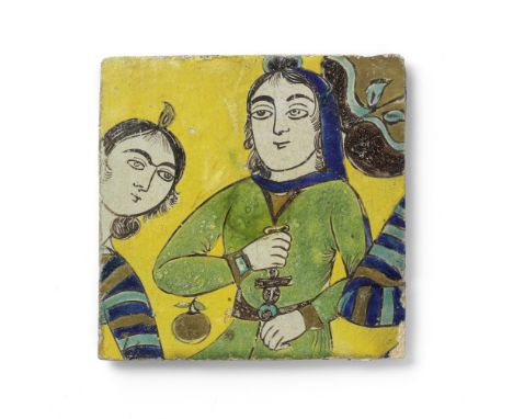 A Safavid cuerda seca pottery tile depicting two maidens, possibly a scene from Jami's Yusuf va Zulaykha Persia, 18th Century