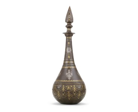 A large Qajar gold and silver-damascened steel bottle Persia,  19th Centuryof piriform with long tapering neck, flattened rim