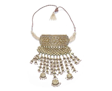A diamond-set enamelled gold neck collar (Arya) Bikaner, Rajasthan,  20th Centurycomprising a curved collar with five flower 
