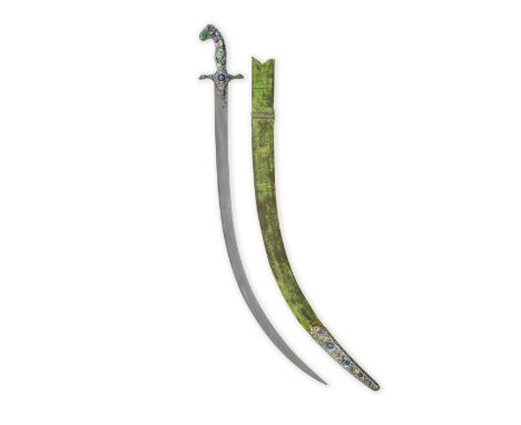 A Lucknow enamelled-silver-hilted ram's head sword (shamshir) India, 19th Centurythe single-edged watered steel blade of curv