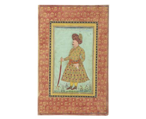 A double-sided page depicting a Persian nobleman wearing an elaborate late Safavid turban, from a dispersed album of Deccani 