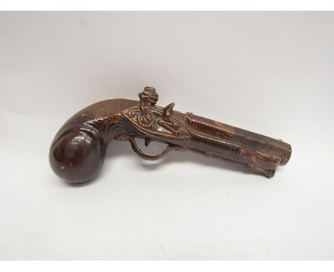 A Stephen Green Lambeth ware pistol flask, salt glazed, no stopper, stamped details to top, 20cm 