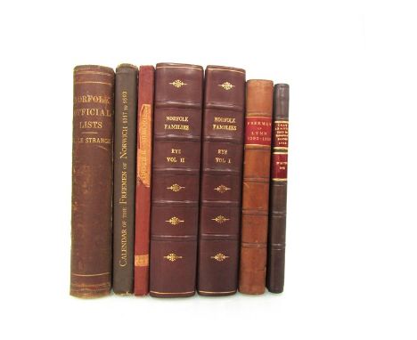 (Norfolk Heraldry and Genealogy, 7 titles), including Walter Rye: 'Norfolk Families', Norwich, 1911-1915, parts 1-5 + Index N