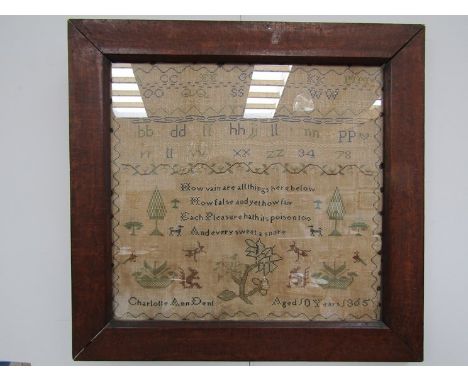 A Victorian silkwork sampler worked in cross-stitch on a canvas ground, with cases of the alphabet, numbers, trees and animal